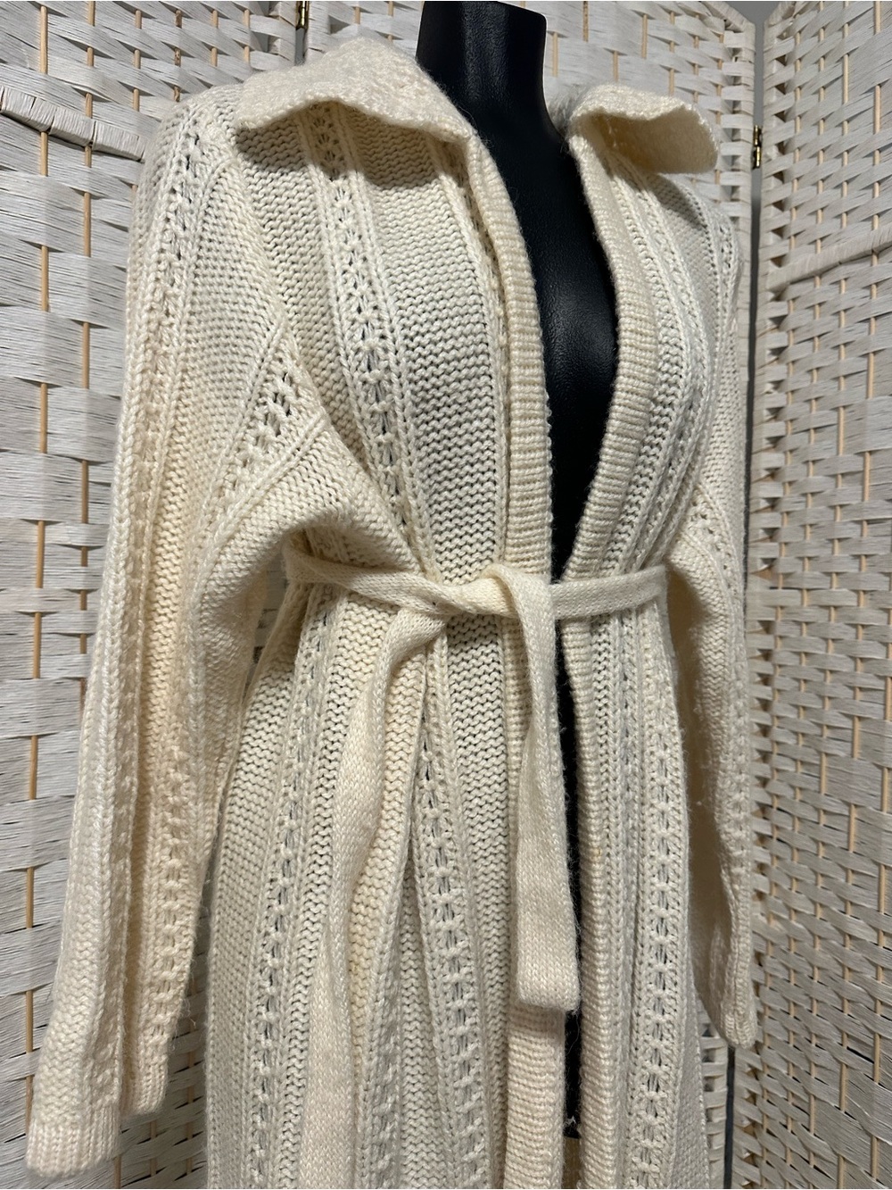 Cream Open-Knit Belted Women's Sweater Cardigan